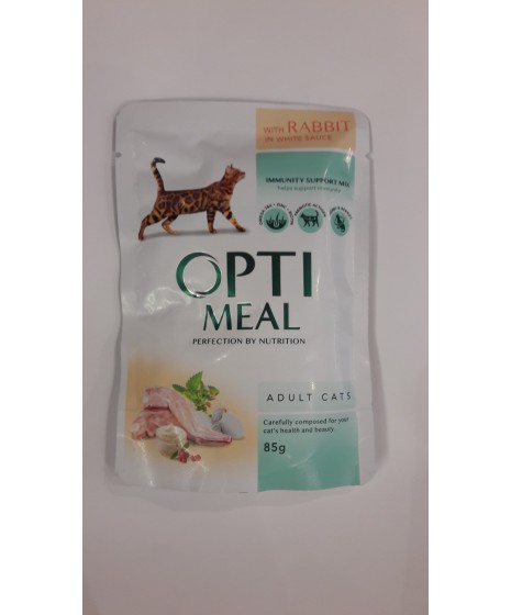 Saszetka dla kota OPTI MEAL 85g - Pyszna karma mokra z królikiem w białym sosie dla kociaka. Duża zawartość mięsa.