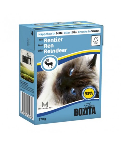 BOZITA karma mokra dla kota z reniferem w sosie. 370g. Pakowana w kartonik.  92% mięsa.