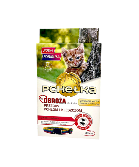 Obroża pielęgnacyjna dla kota  marki Pchełka. Przeznaczona dla dorosłych kotów i kociąt od 3 miesiąca, wodoodporna.