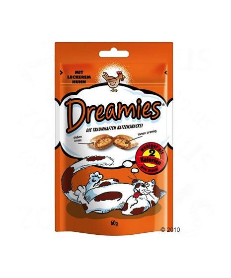 Dreamies - pyszna przekąska dla twojego kota. Marzą one o chrupkich, wypełnionych pysznym, kremowym nadzieniem poduszeczkach.