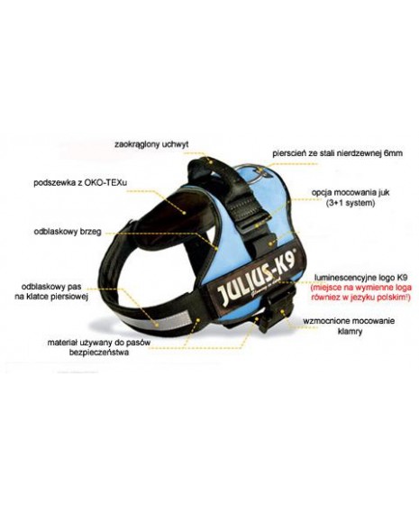 Szelki JULIUS ergonomiczne, wyjątkowo wytrzymałe, w pełni regulowane przy klatce i brzuchu 82-118cm.